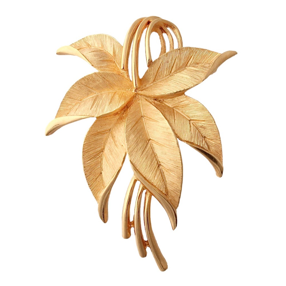 Vintage Crown Trifari Leaf Brooch Gold Tone Textured Leaves Modernist Rare 1960s